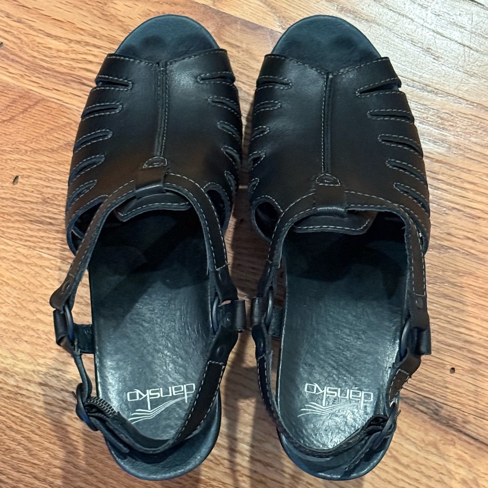Dansko Randa Black Leather Sandals Peep Toe Chunky Heels Size EUR 39 US 8.5/9 - Picture 10 of 13